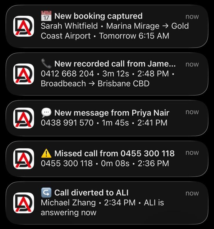 DeskAli notifications for a chauffeur and transfer business