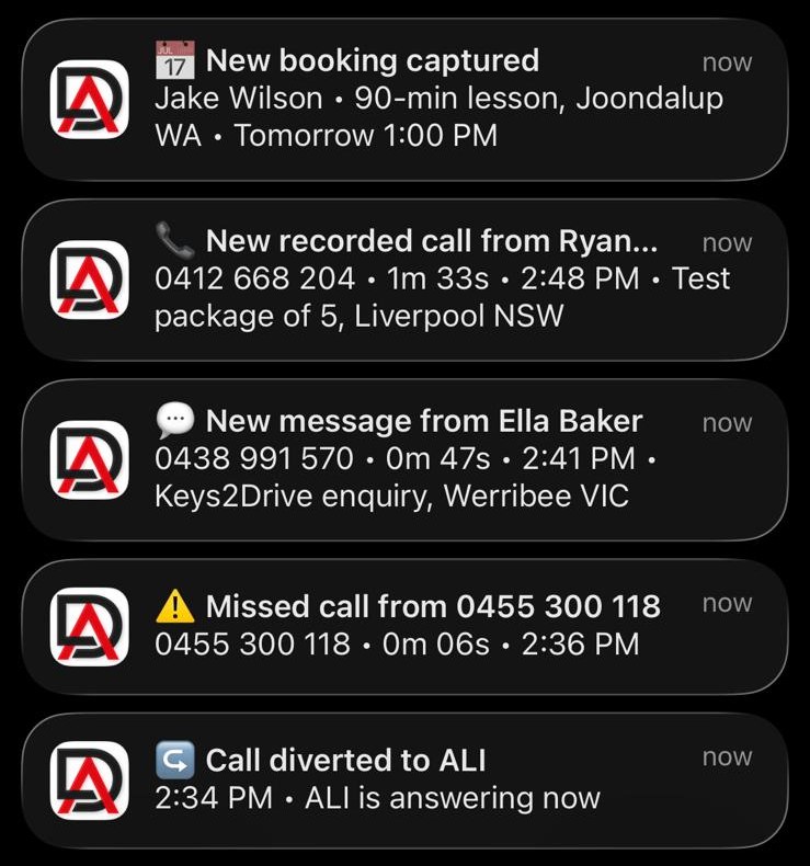 DeskAli notifications for a driving instructor