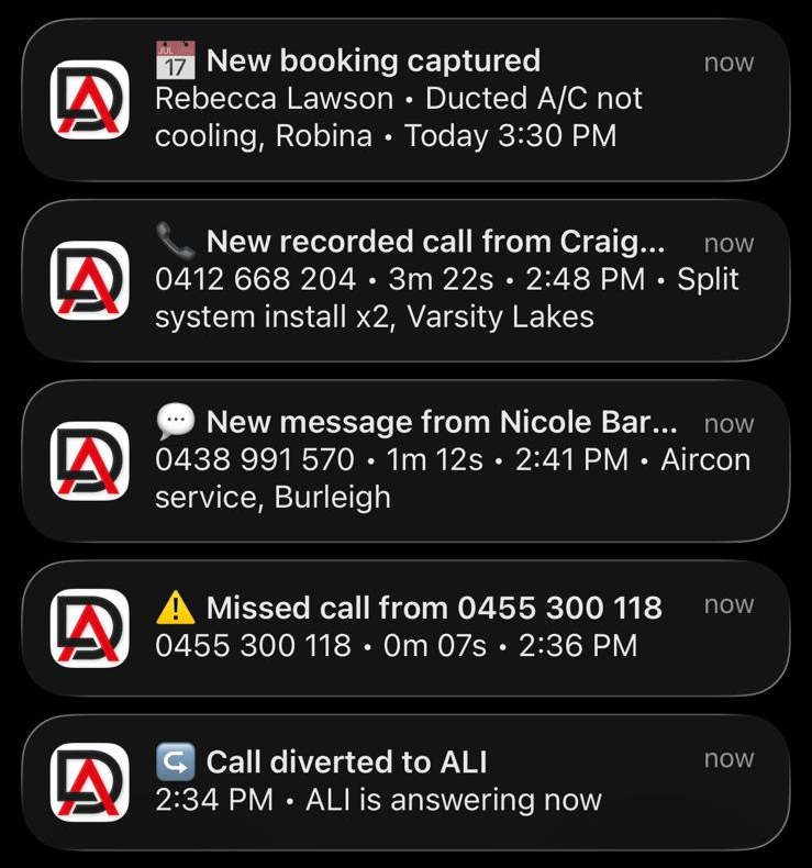 DeskAli notifications for an air conditioning business